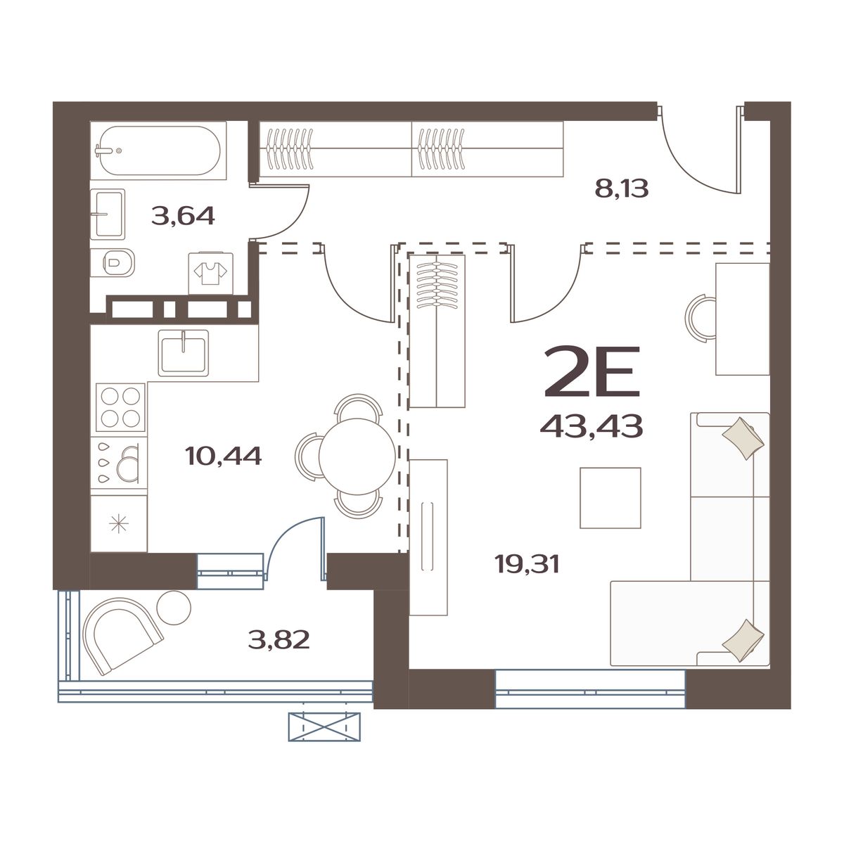 ЖК Меридианы Улисса, 1-комн кв 43,43 м2, за 6 429 000 ₽, 2 этаж